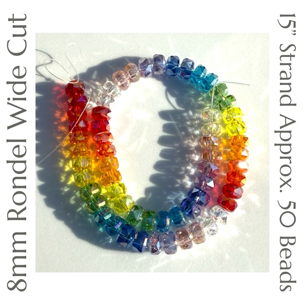 Glass‎ Rainbow Wide Cut Faceted 8mm Rondel Beads Strand - 50+ Beads